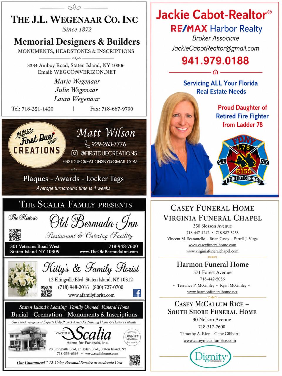 Legacy advertiser page with Staten Island monument, florist, funeral home, realtor, and local business ads