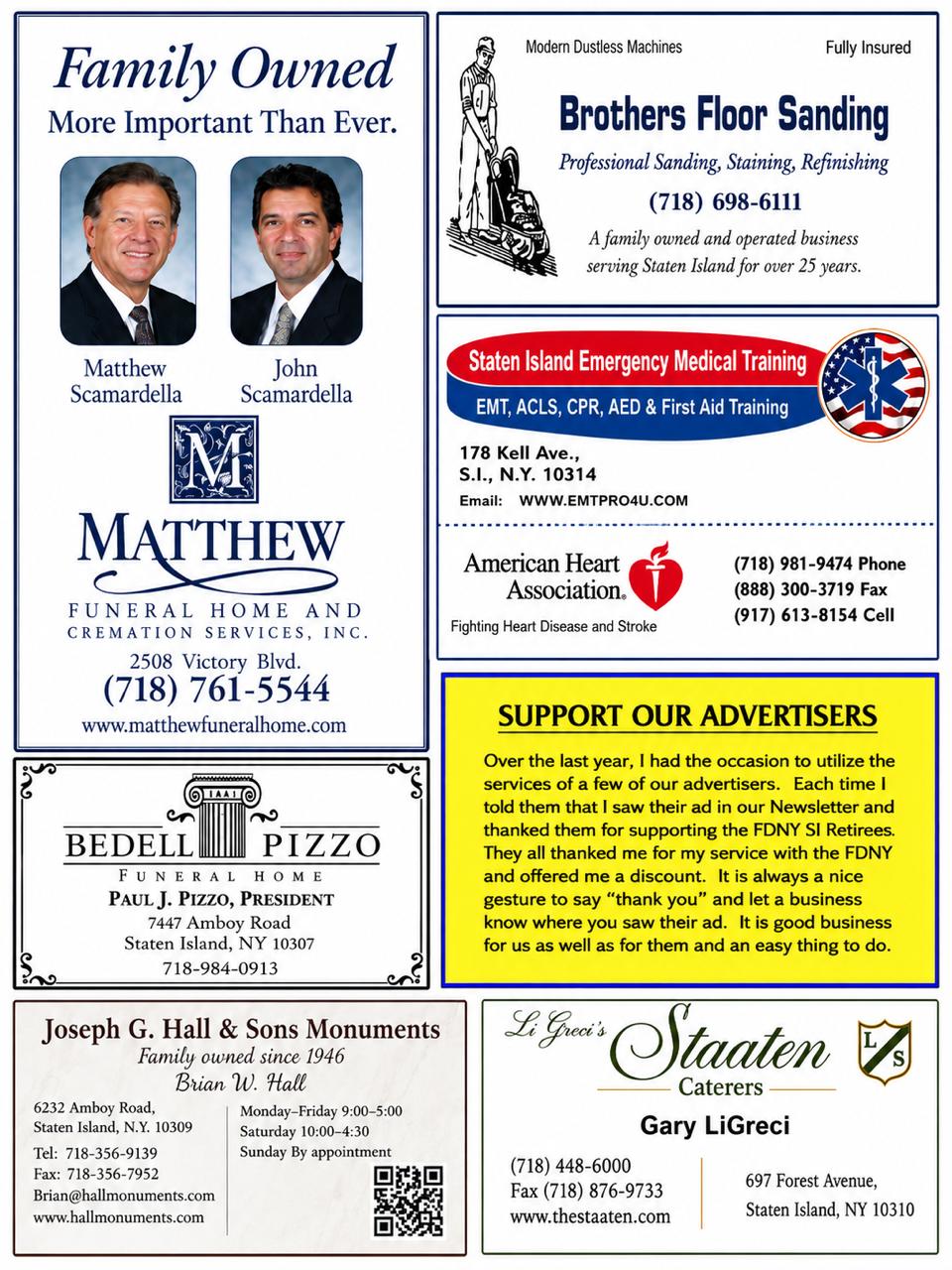 Legacy advertiser page with Staten Island funeral home, floor sanding, emergency medical training, monument, and catering ads