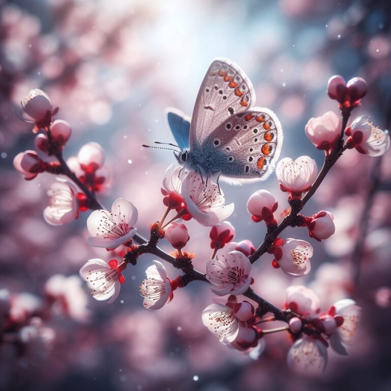A butterfly landing on a blooming cherry branch