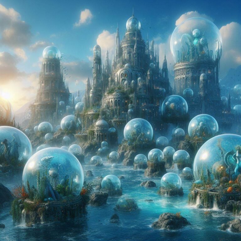 An underwater metropolis with bubble domes, inhabited by merfolk and sea creatures