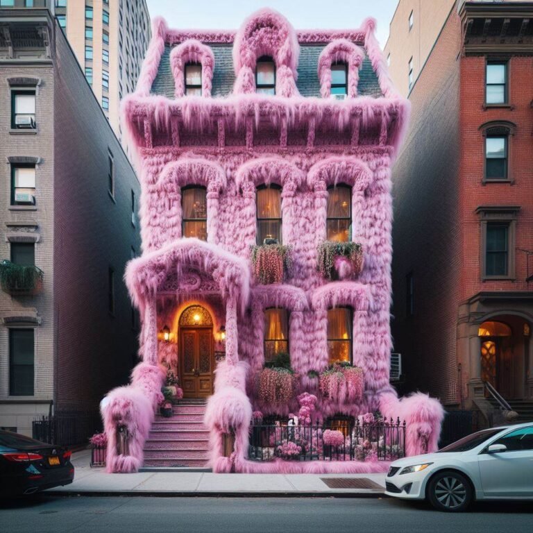 House covered in pink fur